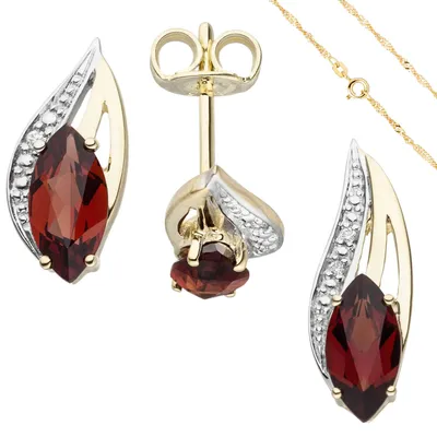 Produktbild von Schmuck-Set 585 Gelbgold Granate und Diamanten Ohrstecker Anhänger Kette 42cm