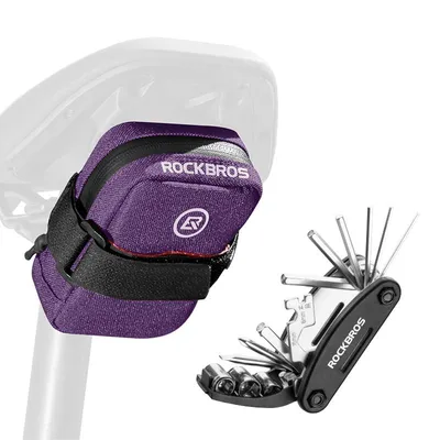 Image de Kit de réparation pour vélo ROCKBROS 16-en-1 avec mini-sacoche de selle, compact et léger, pour vélo de course et VTT, violet