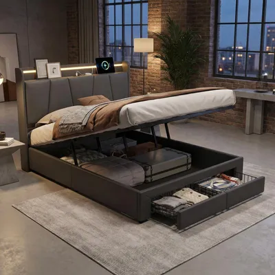 Immagine prodotto di Letto in lino grigio ProximaX 140x200 cm con vano contenitore – Base letto idraulica con 2 cassetti, illuminazione a LED e stazione di ricarica USB, letto imbottito moderno