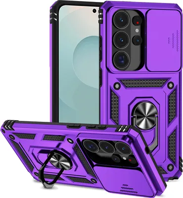 Immagine prodotto di Custodia per Samsung Galaxy S26 Ultra Custodia a doppio strato con copertura scorrevole per fotocamera e supporto ad anello Viola