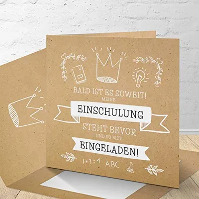 Produktbild von 8 Einladungskarten für die Einschulung mit passenden Umschlägen, Einladungskarten zur Einschulung im Set zu 8 Stk. "Krone" Design