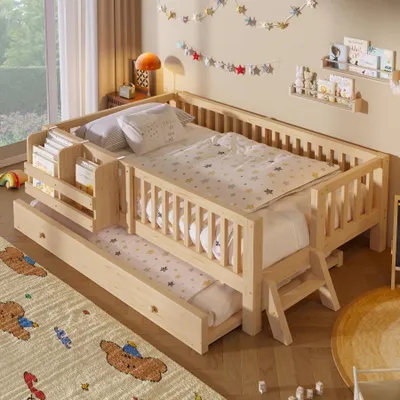 Zdjęcie produktu dla Łóżko platformowe z drewna, 90x200 cm, z barierką ochronną, idealne jako łóżko i sofa, wszechstronne (drewno)