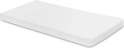 A white baby crib mattress protector is shown from a slightly elevated side angle against a white background.