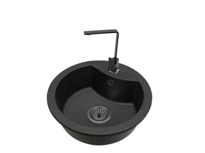 Produktbild von Granit Küchenspüle rund 1 Becken MILA Set mit Armatur NOOK, schwarzem Siphon Einbauspüle Komplettset