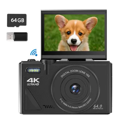 Obrázok produktu pre Digitálna kamera ZELURXX 4K s rozlíšením 64 Mpx a 18-násobným priblížením, automatickým zaostrovaním, WLAN, vlogovacia kamera s výklopnou obrazovkou pre začiatočníkov