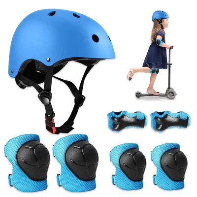 Produktbild von Riisoyu Knieschoner Kinder Set, Schützer Inliner Kinder Protektoren Set Schoner Knieschützer Inliner Kinder Schutzausrüstung Fahrradhelm Schonerset für Fahrrad Skateboard Scooter Motorrad, Blau