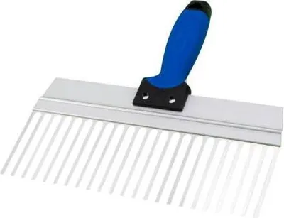 A tool with a blue handle and a silver toothed blade.