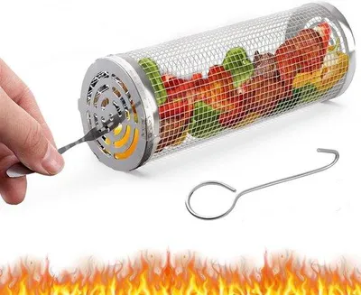 Immagine prodotto di Griglia cilindrica, 1 pezzo, 31 cm - Griglia in acciaio inossidabile per grigliate all'aperto - Griglia con forchetta e gancio - Ideale per pesce, carne, barbecue e campeggio.