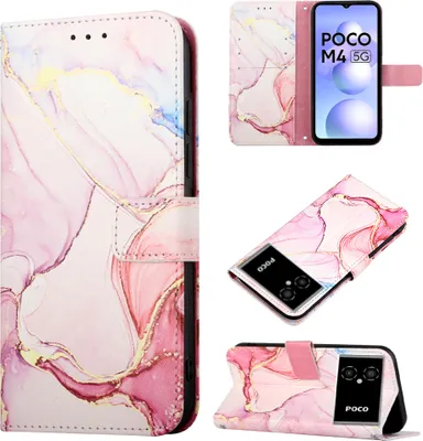 Produktbild von Xiaomi Poco M4 5G Hülle, Marmor Motiv Kunstleder Tasche Wallet Kartenfächer mit Standfunktion Klapp Schutzhülle für Xiaomi Poco M4 5G / Poco M5 5G Pink Weiß