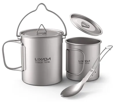 Obrázek produktu pro Lehká 3dílná sada z titanu, 750 ml hrnec, 450 ml hrnek na vodu, šálek s víčkem, skládací rukojeť
