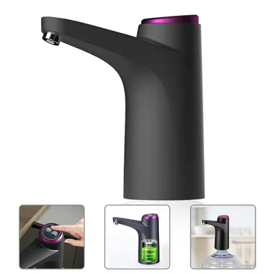 A black electric water bottle pump with a purple accent on top, shown against a white background. There are also three smaller inset images showing details of the pump.