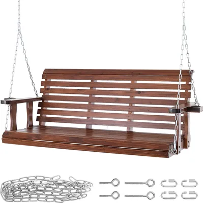 Zdjęcie produktu dla SucceBuy 1,6 m drewniana huśtawka werandowa, huśtawka ogrodowa na patio, ulepszona nośność 400 kg, solidna huśtawka z łańcuchami do użytku na zewnątrz, brązowa