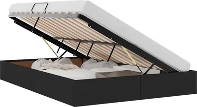 Image de Lit Ottoman avec coffre de rangement, couleur noire, dimensions 140 x 200 cm, revêtement en tissu