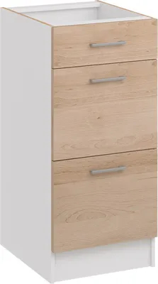 A kitchen base cabinet with three drawers.