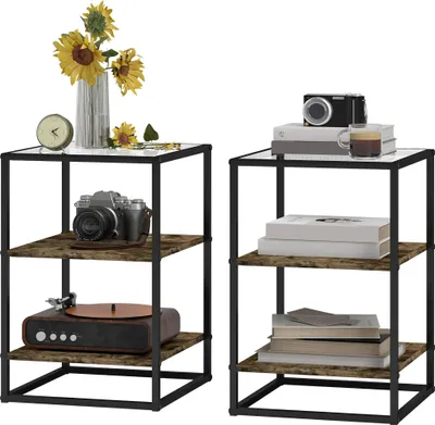 Produktbild von 2er-Set Beistelltische mit Glasplatte, 3-stufiges Design, Metallrahmen, für Wohnzimmer, Schlafzimmer, Braun