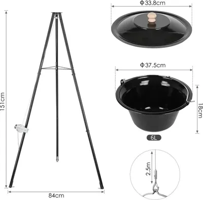 Produktbild von Ungarischer Gulaschkessel - Set mit Teleskop-Dreibein - 10 L - Emailliertes Gusseisen - Dreibein 151 cm höhenverstellbar - Aufhängekette 250 cm