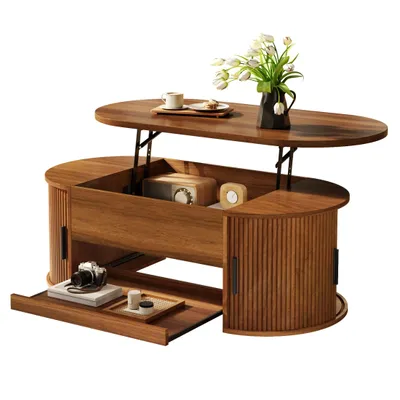 Produktbild von Couchtisch mit Hebefunktion, Wohnzimmertisch mit verstecktem Stauraum, Schiebetüren und ausziehbarer Ablage, Sofatisch mit Rillenstruktur, Nussbaum