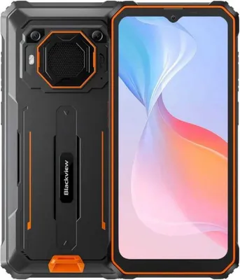A rugged smartphone is shown from the front and back, with the screen displaying a colorful abstract wallpaper.