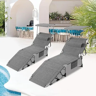 Imagen del producto de Sillas de jardín con toldo, juego de 2 – Silla reclinable plegable, 195x69 cm, resistente a la intemperie, ajustable, ideal para la playa, con capacidad de hasta 150 kg, perfecta para jardín, balcón, terraza y camping – Gris