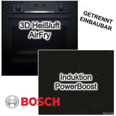 Produktbild von Herdset BOSCH Backofen 3D Heißluft Air Fry EcoClean + Induktionskochfeld PowerBoost Bräterzone