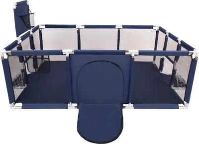 A top-down view of a dark blue playpen with white connectors.