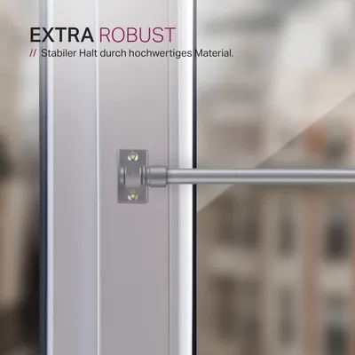 Close-up of a cafe rod attached to a window frame, with text overlays highlighting its robustness.