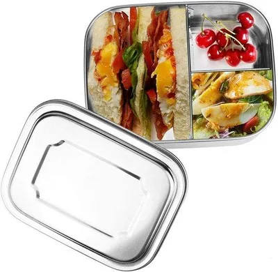 Obrázek produktu pro Nerezová krabička na oběd se 3 přihrádkami - 16 x 13 x 6 cm - 1000 ml - Bento box pro děti a dospělé