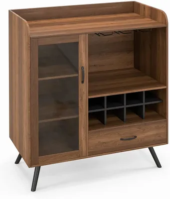 Produktbild von GOPLUS Sideboard mit Ablagen, Küchenschrank mit Weinglashalter & 8-Flaschen Weinregal, Vintage-Weinschrank, Aufbewahrungsschrank mit Glastür & Schublade