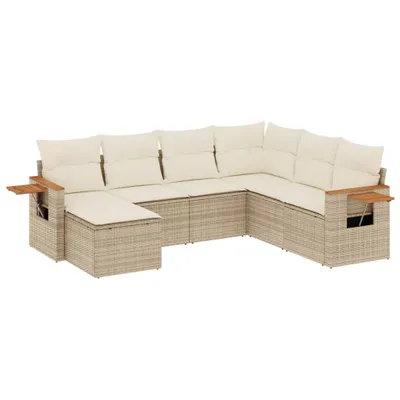 Produktbild von Modulares 7-teiliges Gartenmöbel-Set, Lounge-Sofa mit Stauraum, wasserabweisendem Beutel, Poly Rattan, Stahl, Akazienholz, Beige, Cremeweiß