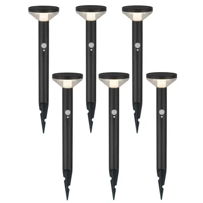 Six black solar LED pathway lights are arranged in two rows on a white background.