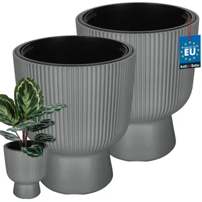 Produktbild von KOTARBAU® 2er Set Blumentopf ⌀ 29cm Orchideentopf Übertopf mit Innentopf Pflanzentopf mit Sockel Geriffelt Kelchform Pflanzkübel aus Kunststoff Grau