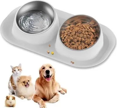 Produktbild von Katzennapf, Doppelnapf für Hunde und Katzen, Edelstahl, rutschfest – verhindert Futterverschütten, für Katzen und Welpen – Grau