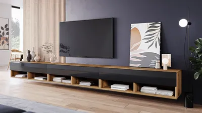 Obrázek produktu pro Televizní stolek 300 cm s LED osvětlením WILLA A - dub wotan / lesklý černý