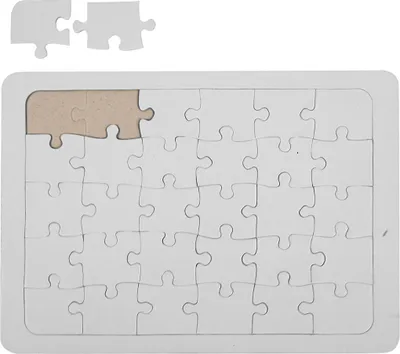 A white puzzle with some pieces missing and two loose pieces above it.