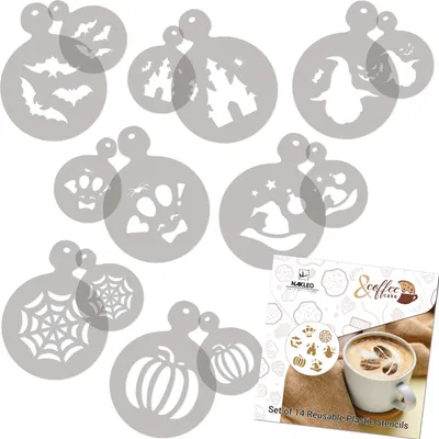 Produktbild von Kaffee Schablonen und Kekse Dekoration 14 Stück 7x7 cm und 11x11 cm, Wiederverwendbare Plastik Backen Vorlage, Halloween, DIY