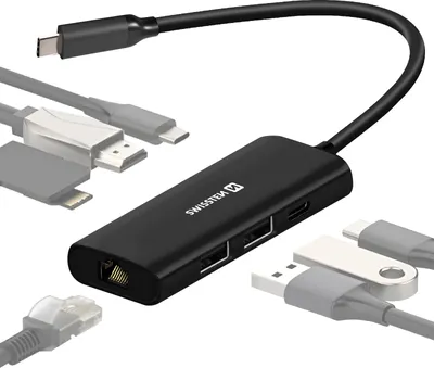 Obrázek produktu pro Swissten, rozbočovač USB-C s Ethernetem + HDMI + USB-C 100W + USB + čtečka karet, černý