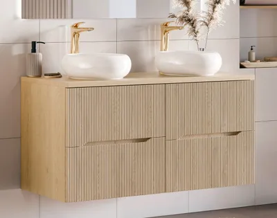 Produktbild von Doppelwaschtisch mit 120 cm Breite in Eiche, mit 4 Schubladen, Rillenoptik und Aufsatzwaschbecken - NARPIO-56