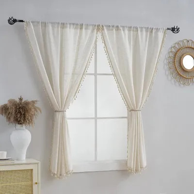 Image de Rideaux en lin mélangé, style rustique, pour chambre ou salon (160 cm de haut x 140 cm de large - Naturel)