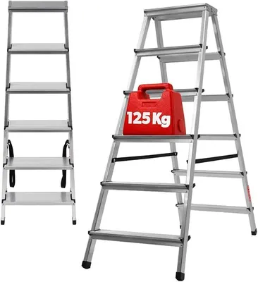 Obrázok produktu pre Skladacia rebrík, 6-stupňová hliníková rebrík s protišmykovými nožičkami, nosnosť do 125 kg, univerzálna rebrík vhodná pre vnútorné aj vonkajšie použitie