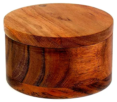 Produktbild von Salzbehälter aus Holz für Küche oder Esszimmer mit Fach für Salz, Gewürze und Kräuter aus Akazienholz, handgefertigt.