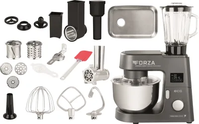 A collection of kitchen appliance attachments and a stand mixer with a blender jug, laid out on a white background.