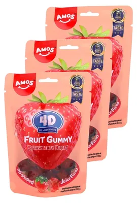 Zdjęcie produktu dla Amos Peelerz 4D, truskawkowe gumowe cukierki "Strawberry Burst", 65g, zestaw 3 sztuk