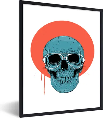 Produktbild von MuchoWow® Gerahmtes Poster Totenkopf - Blau - Brille - Mond - Orange 30x40 cm - Poster mit Schwarzem Bilderrahmen Wandposter Rahmen Foto Bilder - Wanddeko - Kunstdrucke