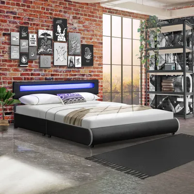 Produktbild von Juskys Polsterbett Sevilla 180 x 200 cm schwarz – Bettgestell mit LED Beleuchtung, Lattenrost & Kopfteil – Kunstleder & Holz – Bett Doppelbett
