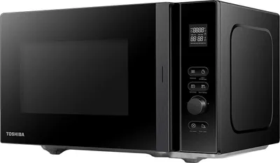 A black Toshiba microwave oven is shown from a front-side angle against a light gray background.