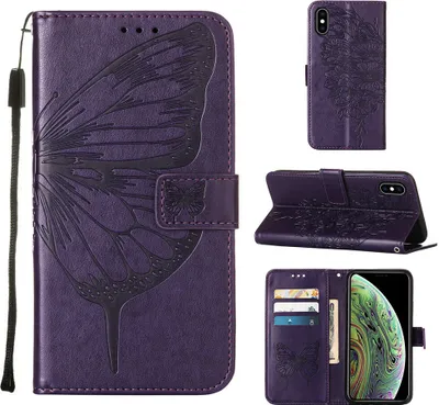 Produktbild von iPhone XS Max Hülle, Schmetterling Prägung Flip Leder Kartenfächer Schutzhülle Ledertasche mit Ständer für iPhone XS Max Lila