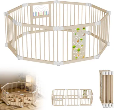 Image de Parc pour bébé LZQ, sûr et stable, grand parc pliable en bois avec porte, réglable, 8 éléments, sûr pour les enfants
