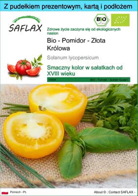 Zdjęcie produktu dla SAFLAX - Zestaw prezentowy - Bio - Pomidor - Złota Królowa - 15 Nasiona - Z pudełkiem upominkowym, etykietą wysyłkową, kartą podarunkową i podłożem uprawowym - Solanum lycopersicum