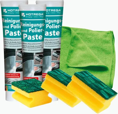Produktbild von HOTREGA Reinigungs- und Polierpaste 3x 125 ml inkl. Microfasertuch, 3x Schwamm - Reinigung und Pflege für Glaskeramik, Kochfeld