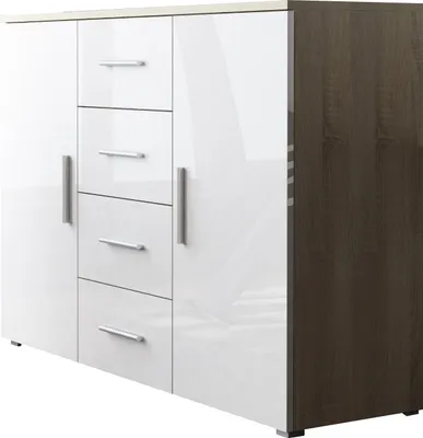 Produktbild von Furniture24 Kommode Uni - SOHO Sideboard mit 4 Schubladen, 2 Türen Sonoma/Weiß Hochglanz